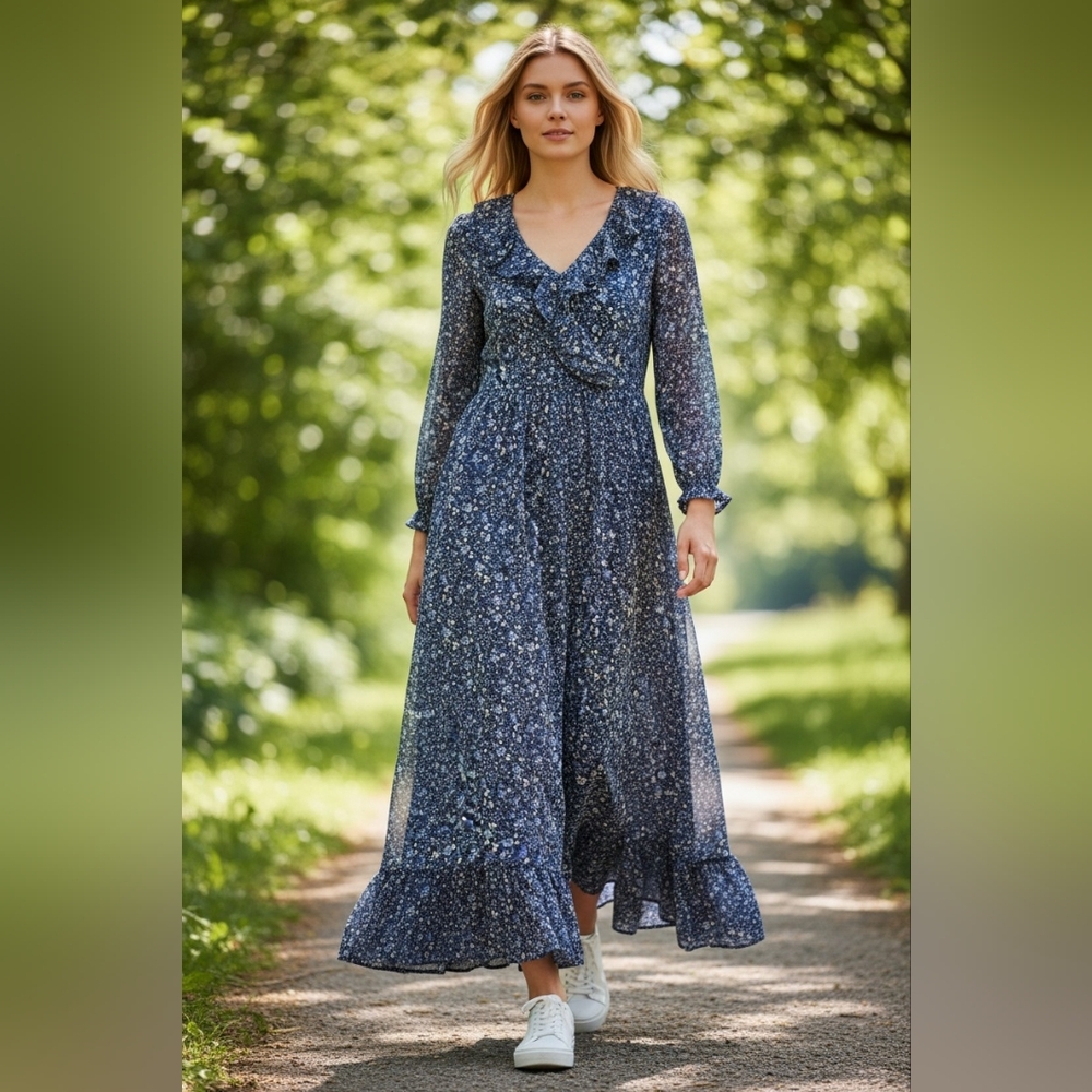April Cornell Blue Ditsy Floral Henrietta Ruffle Maxi Dress Women's Size Medium